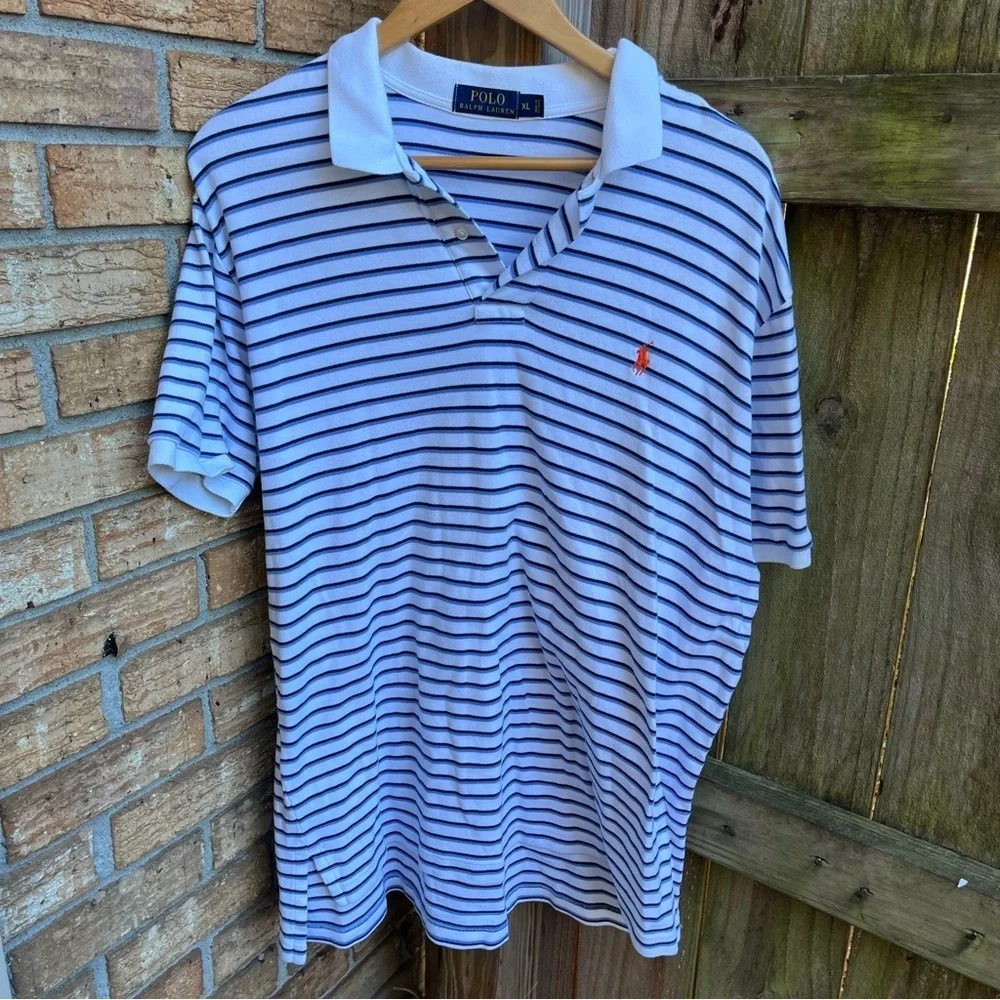 Ralph Lauren Men's Navy and White Striped Polo Shirt